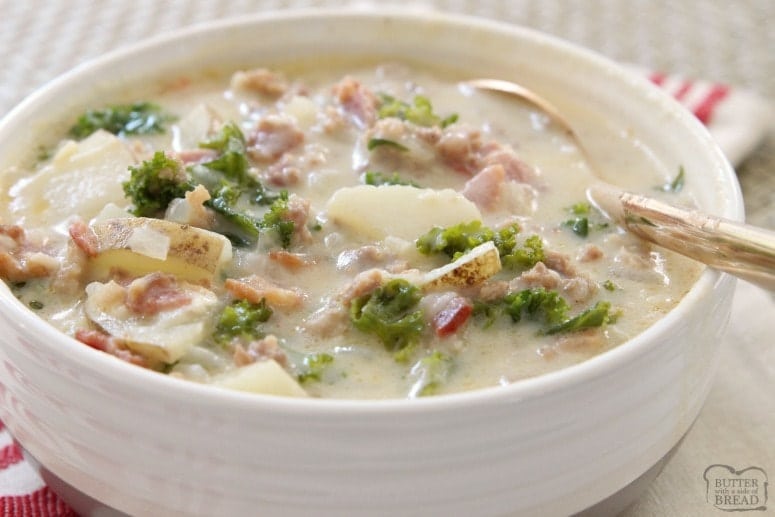 Zuppa Toscana with Italian sausage, potatoes, bacon & kale. Delightfully creamy soup with great flavor & easy to make at home. Time saving tips included!