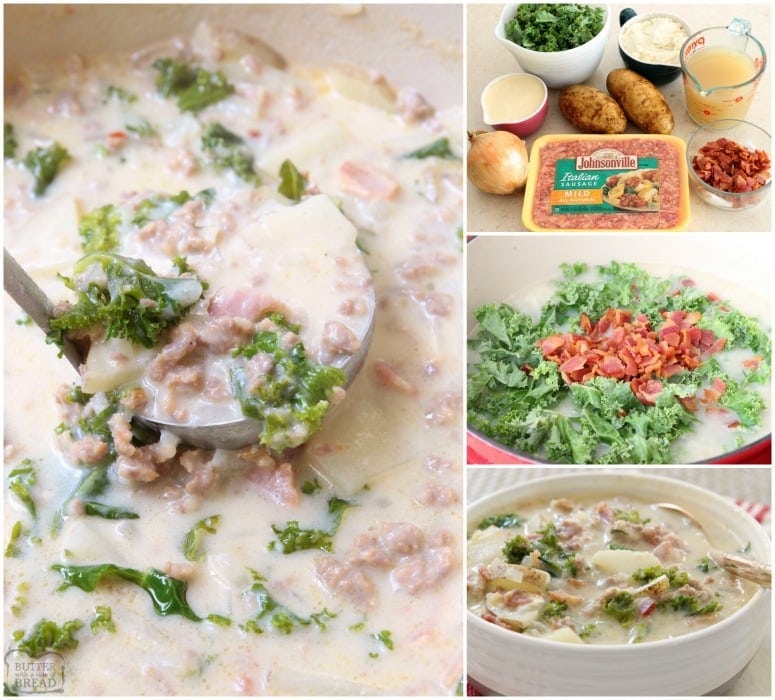 Zuppa Toscana with Italian sausage, potatoes, bacon & kale. Delightfully creamy soup with great flavor & easy to make at home. Time saving tips included!