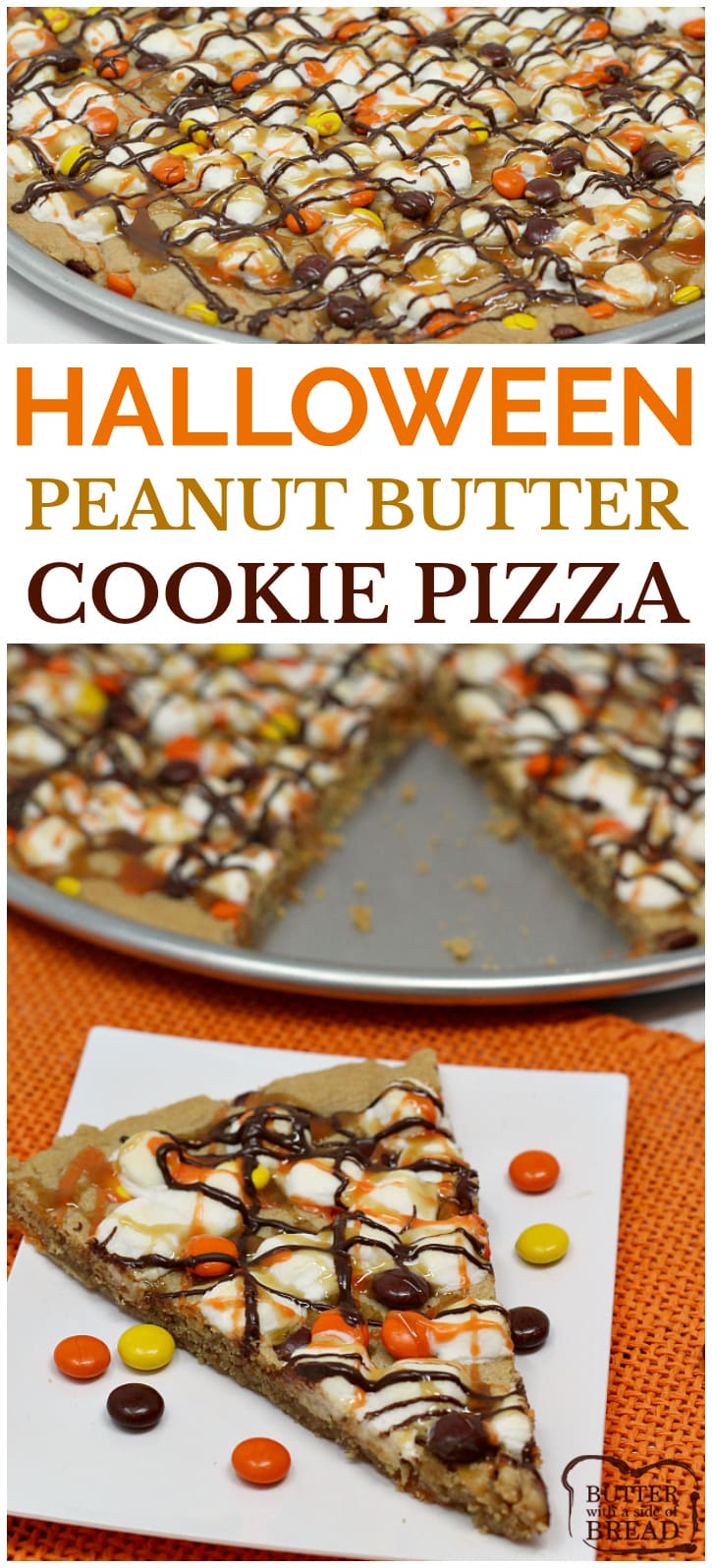 Halloween Peanut Butter Cookie Pizza is topped with marshmallows and Reese's Pieces and then drizzled with chocolate, caramel and orange icing! 