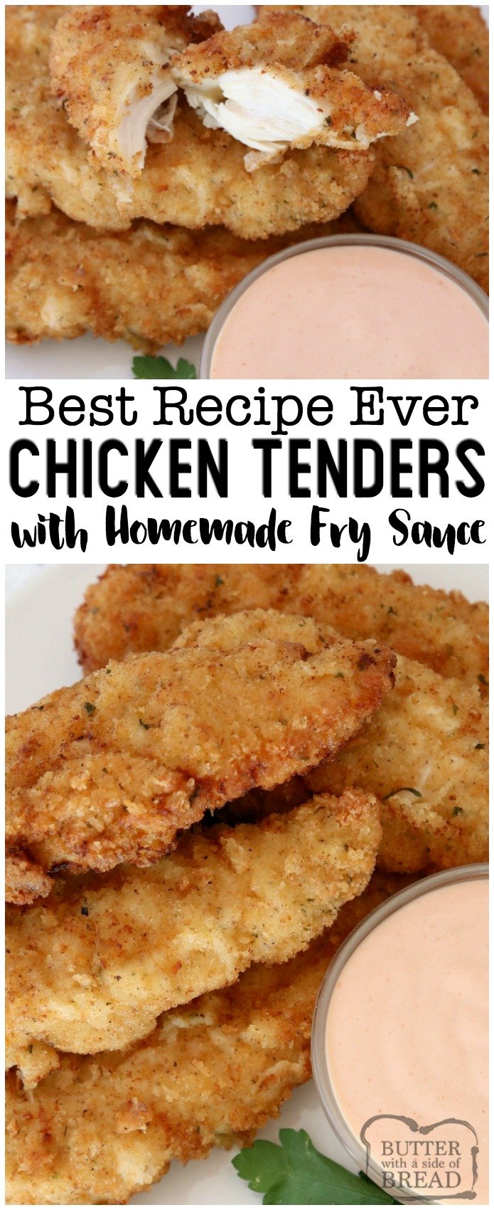 Chicken Strips made from scratch- so tender, juicy & flavorful. 2 simple tips to take your chicken tenders from good to great! #chicken #dinner #tenders #friedchicken #tenderize #food #meal #maindish #cooking #recipe from BUTTER WITH A SIDE OF BREAD