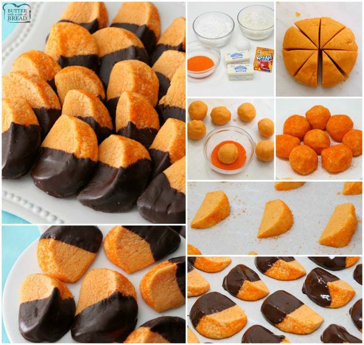 Chocolate Orange Cookies mimic orange slices dipped in chocolate. Bright, tangy citrusy flavor comes from orange Kool-Aid mix baked into the cookies!