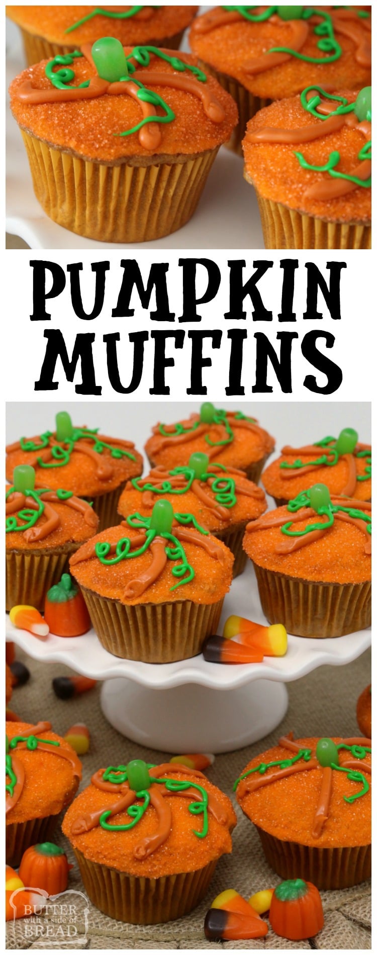 Pumpkin Muffins baked then topped with a simple glaze and orange sprinkles made to look like a cute pumpkin! Great pumpkin spice flavor & festive too!  Easy #pumpkin #muffin recipe from Butter With A Side of Bread