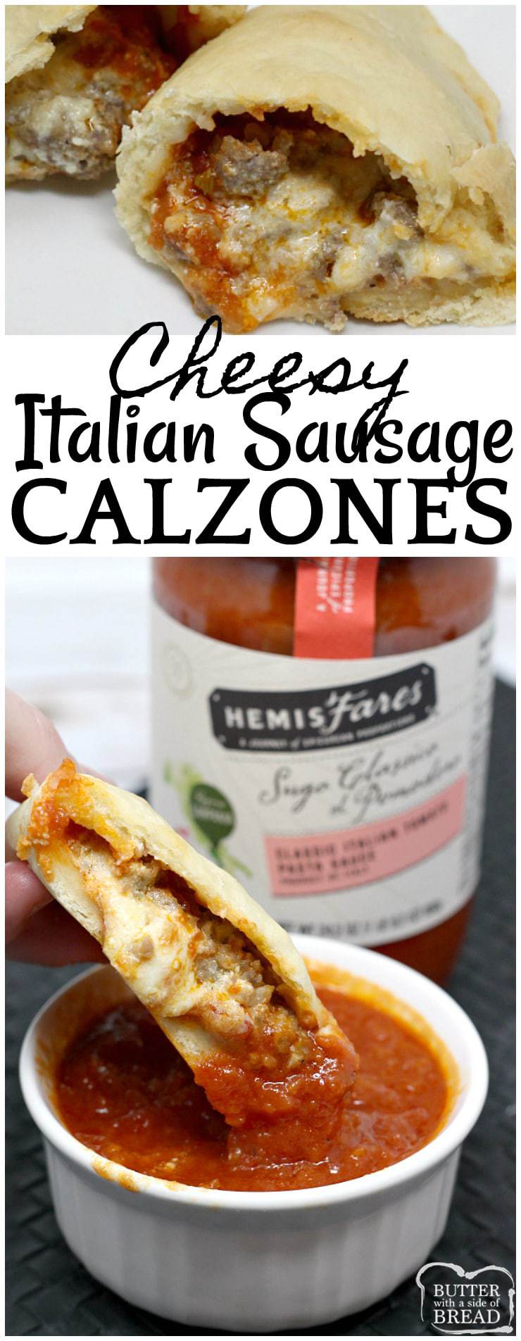 Cheesy Italian Sausage Calzones are a family favorite – homemade pizza crust filled with parmesan, mozzarella, ricotta, marinara sauce and juicy sausage!