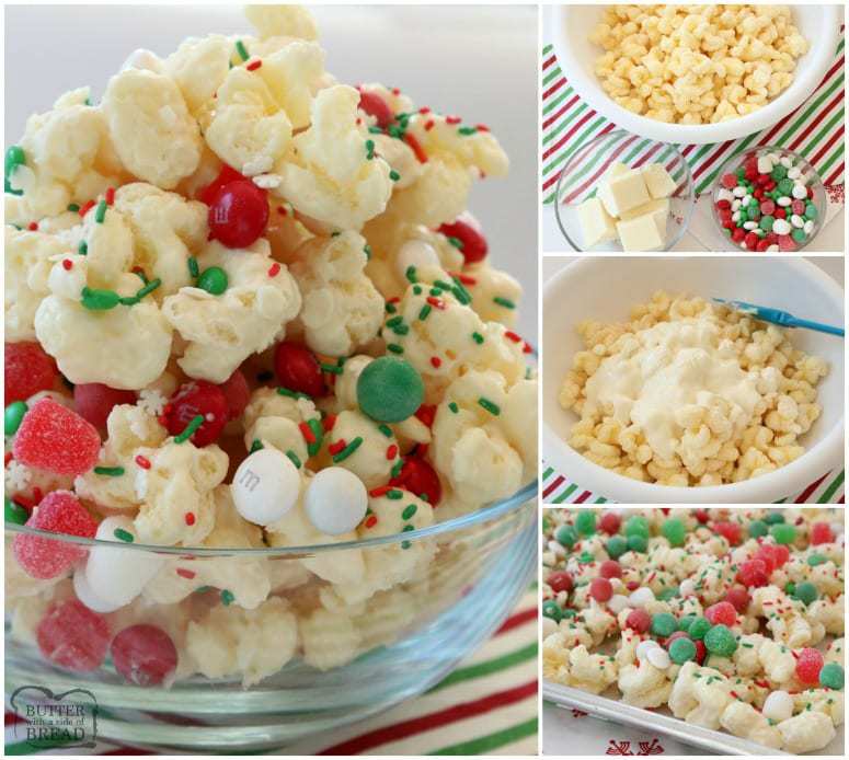 Christmas Candy Puffcorn made easy in minutes with almond bark coating buttery puffcorn & topped with festive holiday candies and sprinkles!