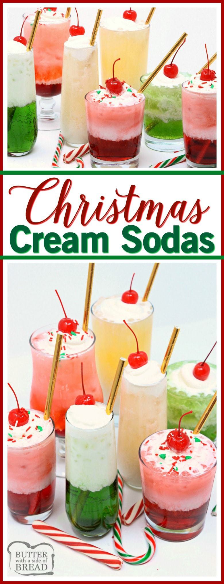 Christmas Cream Sodas made with sweet syrups, cream & club soda are a delicious & festive addition to any holiday party! Delicious mocktail that's so easy! Perfect #Christmas #drink #recipe from Butter With A Side of Bread #beverage #mocktail #holidays