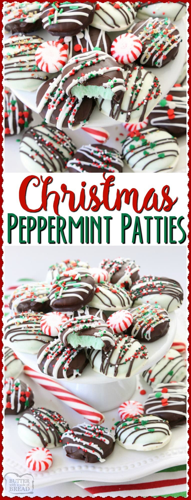Christmas Peppermint Patties made easy with few ingredients! Perfect fun & festive dessert for holiday parties & gifts. They taste so much better homemade! Easy #peppermint #candy #chocolate #Christmas #holiday #recipe from Butter With A Side of Bread