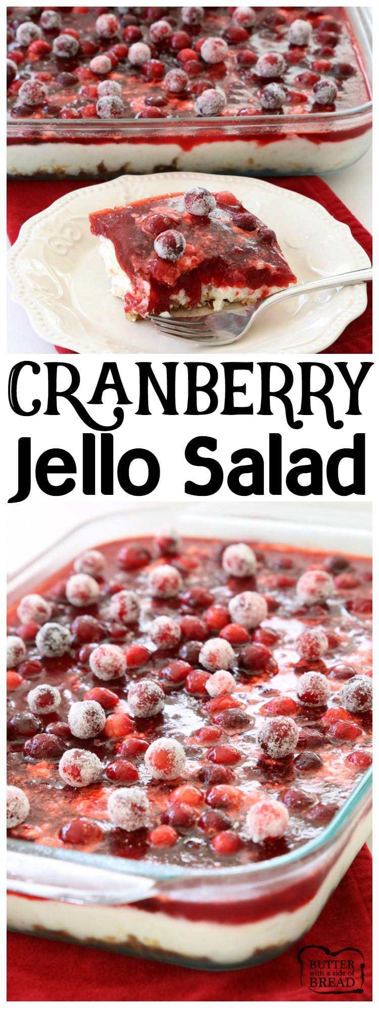 Cranberry Jello Salad made with 3 festive, delicious layers of pretzels, pudding, cranberries & Jello! Impressive, easy cranberry recipe to add to your holiday meal.