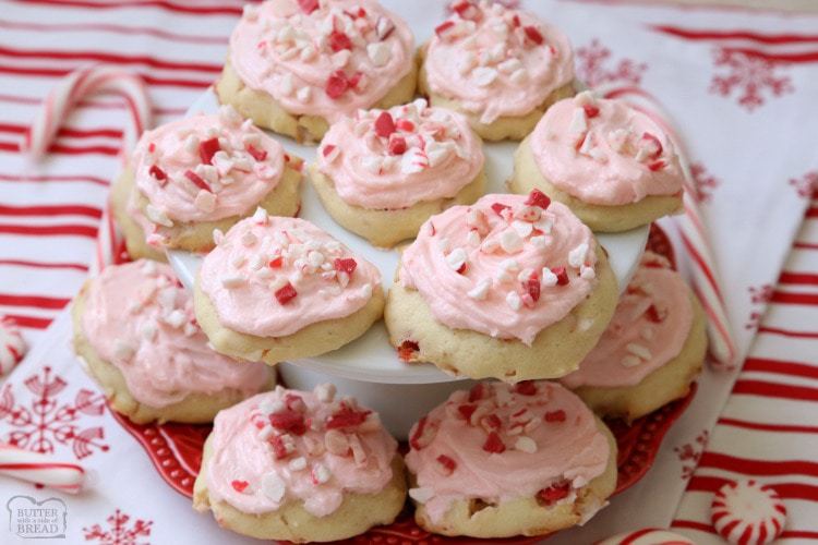 Frosted Peppermint Cookies are soft, pillowy cookies baked with peppermint candy and topped with peppermint vanilla buttercream and candy cane pieces.