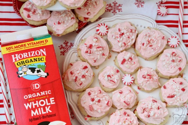 Frosted Peppermint Cookies are soft, pillowy cookies baked with peppermint candy and topped with peppermint vanilla buttercream and candy cane pieces.