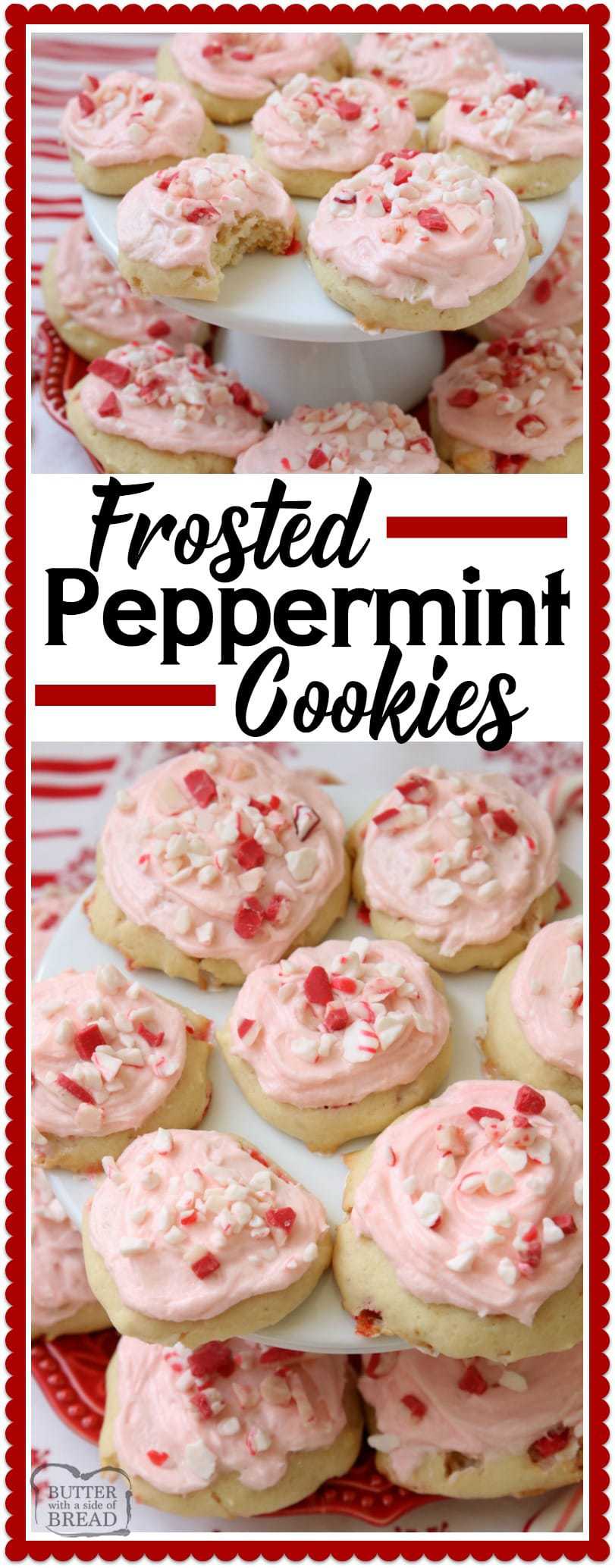 Frosted Peppermint Cookies are soft, pillowy cookies baked with peppermint candy and topped with peppermint vanilla buttercream and candy cane pieces. #Christmas #Cookie #recipe made with #peppermint perfect for the #holidays from Butter With A Side of Bread