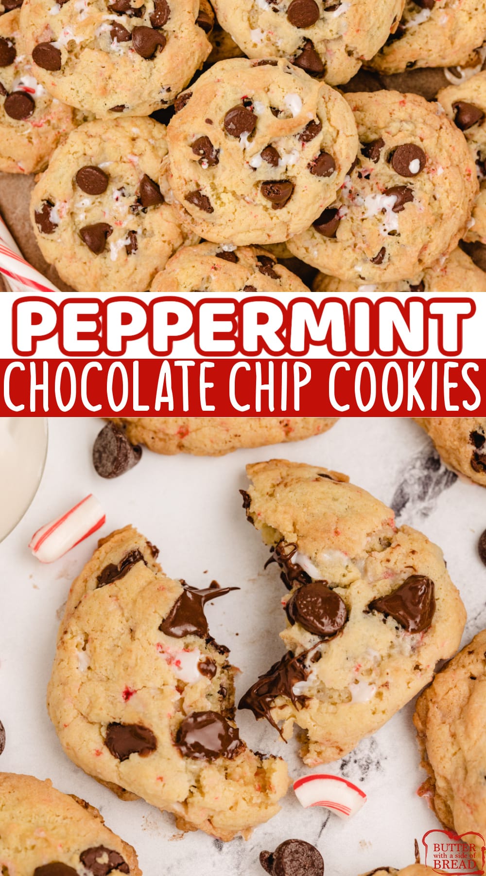 Peppermint Chocolate Chip Cookies are made with crushed candy canes, pudding mix, peppermint extract, and chocolate chips. These soft and chewy cookies are perfect for the holidays!