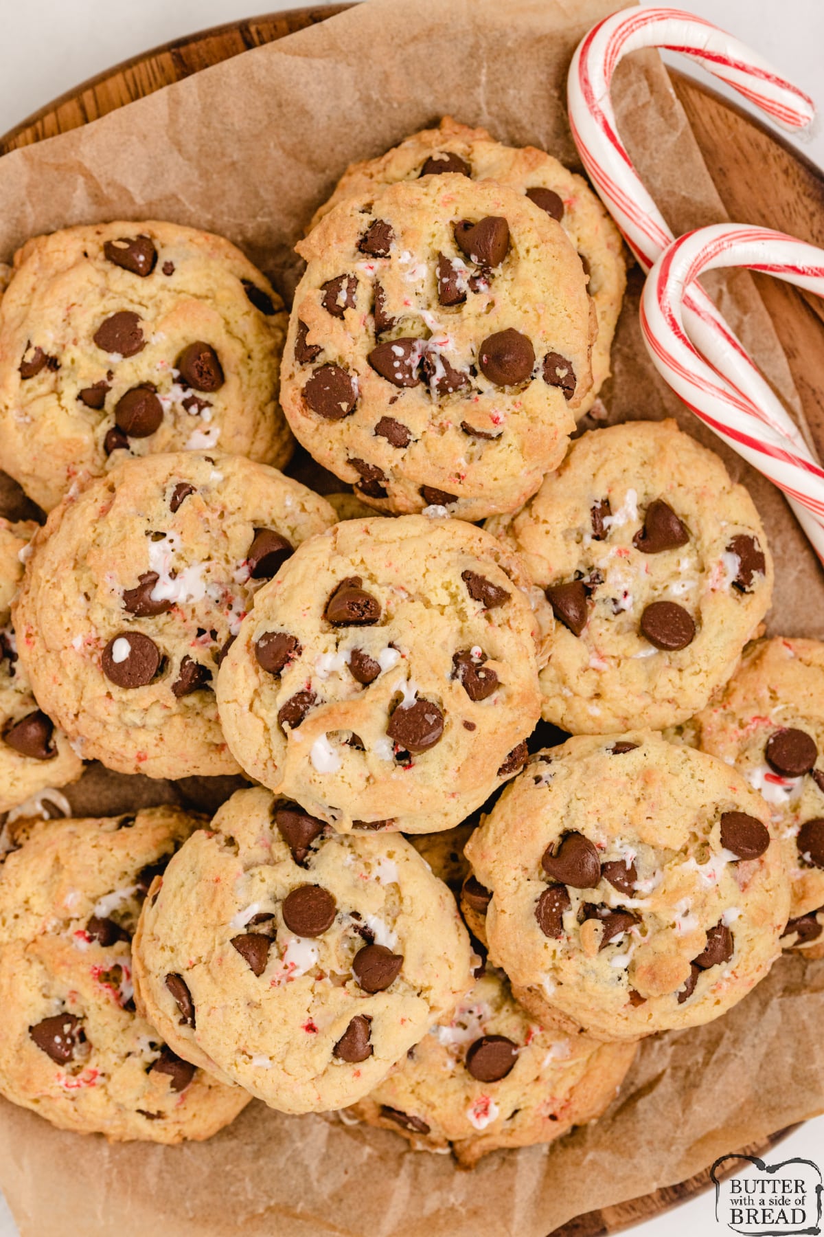 Peppermint Chocolate Chip Cookies are made with crushed candy canes, pudding mix, peppermint extract, and chocolate chips. These soft and chewy cookies are perfect for the holidays!