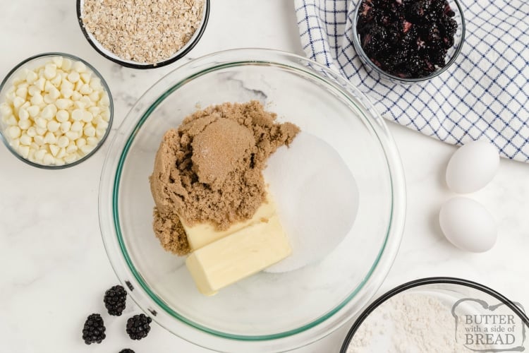 Ingredients in oatmeal cookie recipe with blackberries