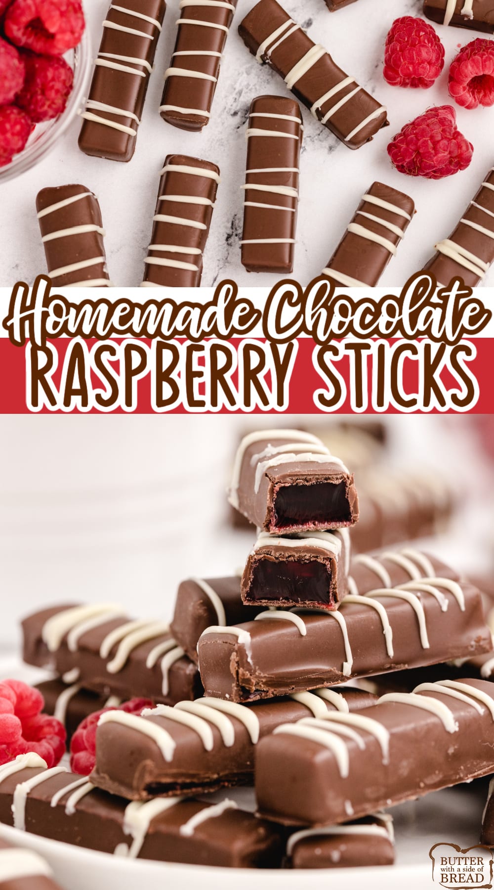 Chocolate Raspberry Sticks are made with a delicious raspberry jelly filling dipped in melted chocolate. Simple chocolate candy recipe that is so easy to make!