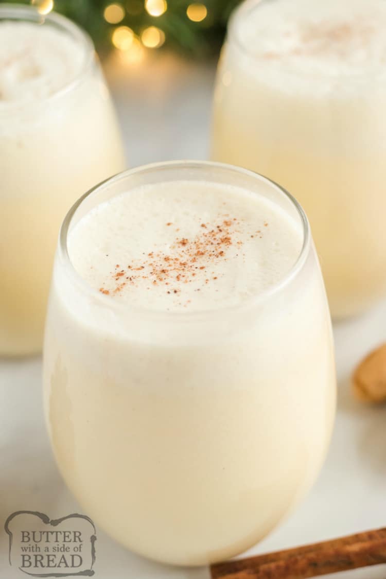 Easy Eggless Eggnog recipe can be made quickly in a blender with French vanilla pudding, milk, whipped cream and a few other basic ingredients! This homemade eggnog recipe tastes just like your favorite holiday drink, no eggs necessary! 