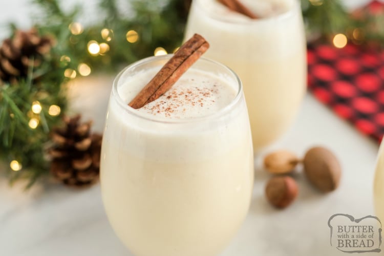 Easy Eggless Eggnog recipe can be made quickly in a blender with French vanilla pudding, milk, whipped cream and a few other basic ingredients! This homemade eggnog recipe tastes just like your favorite holiday drink, no eggs necessary! 