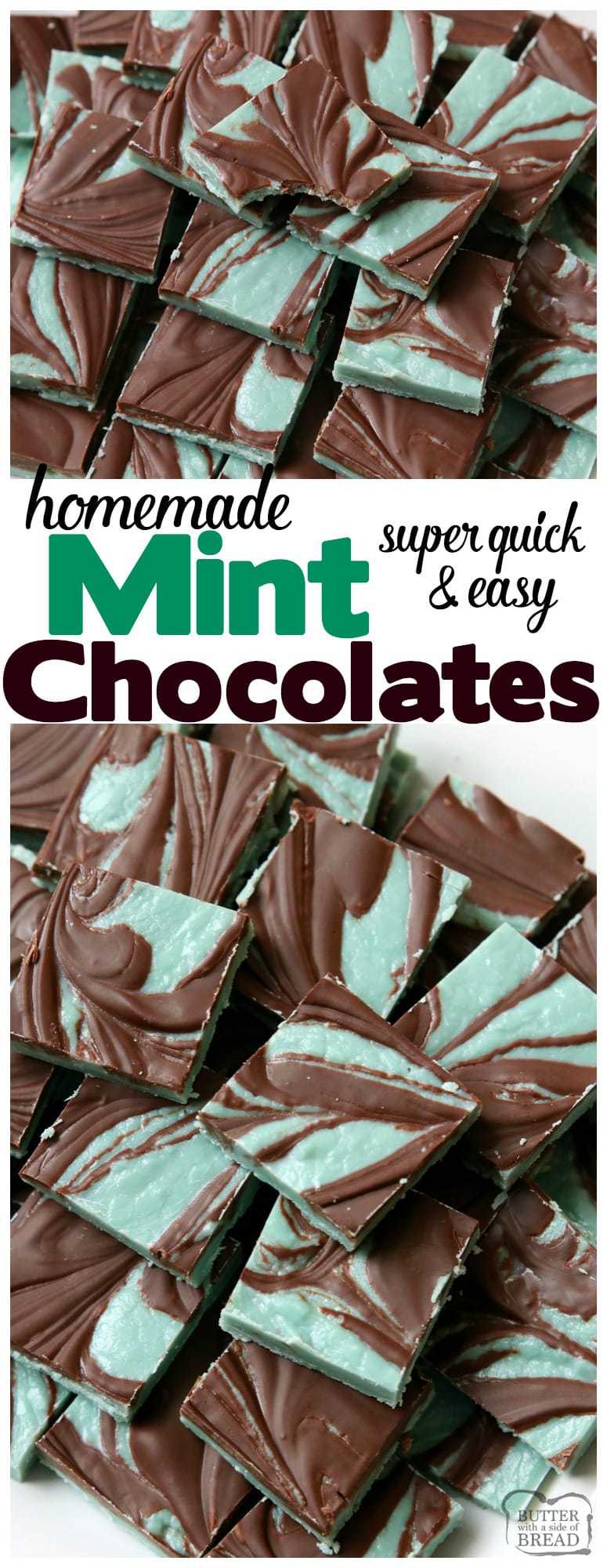Mint Chocolates made in minutes with few ingredients. They taste just like Andes Mints! Easy to make & pretty, swirled chocolates perfect for the holidays.
