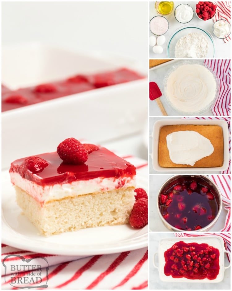 White cake mix with whipped cream and glazed raspberries on top