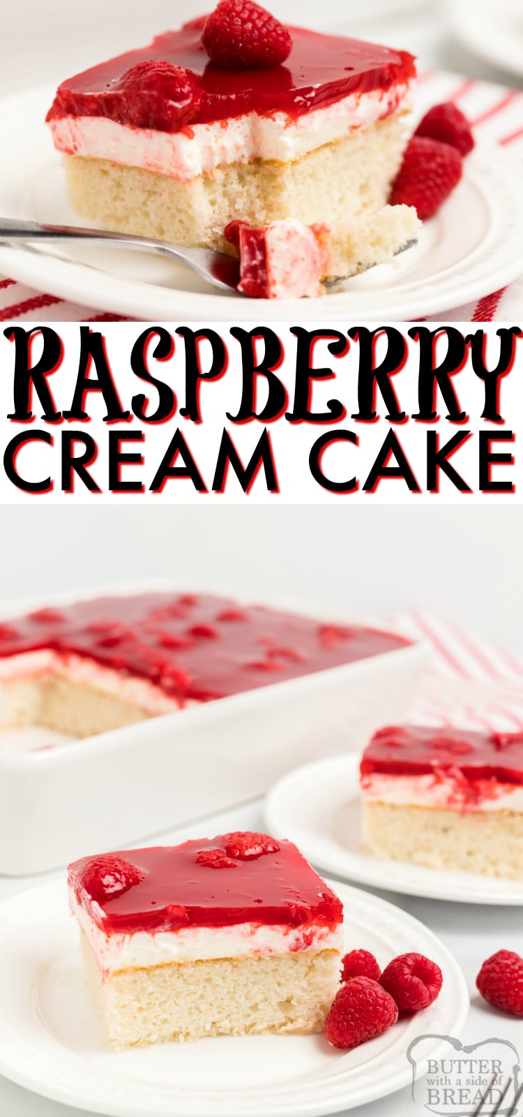 Raspberry Cream Cake begins with a white cake mix that is topped with sweet whipped cream, raspberries and danish dessert. Wonderful raspberry cake recipe with great flavors!