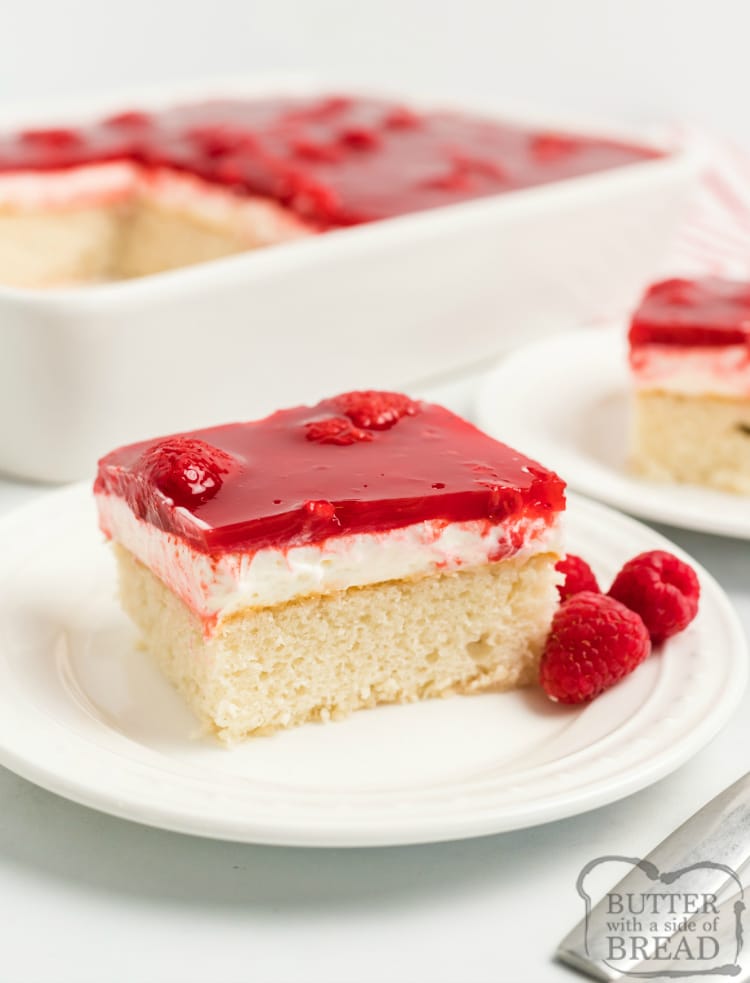 Raspberry Cream Cake begins with a white cake mix that is topped with sweet whipped cream, raspberries and danish dessert. Wonderful raspberry cake recipe with great flavors!