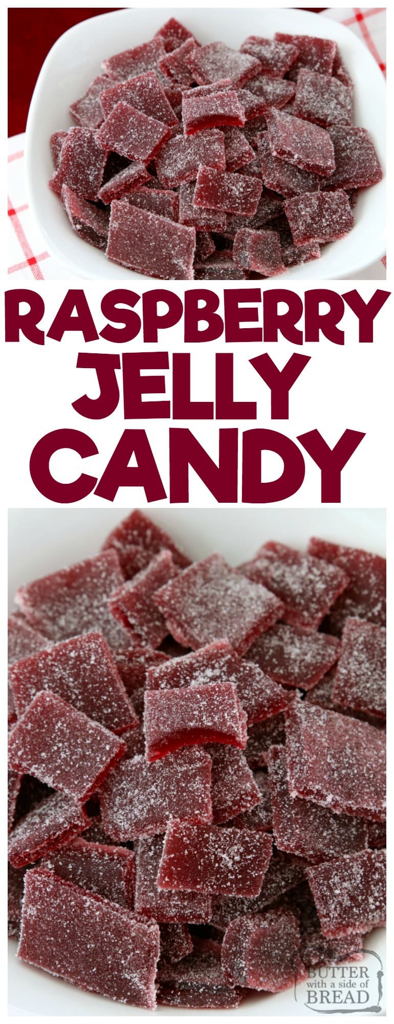 Raspberry Jelly Candy is soft, sweet candy with bright raspberry flavor. Just 5 ingredients & under 10 minutes active time, they're a lovely holiday treat! Easy #raspberry #candy recipe for #Christmas and other #holidays from Butter With A Side of Bread