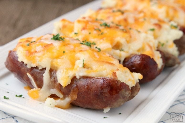 Sausage Potato Boats are an easy weeknight dinner made with juicy sausages topped with buttery mashed potatoes and lots of cheese! Simple & flavorful meal!