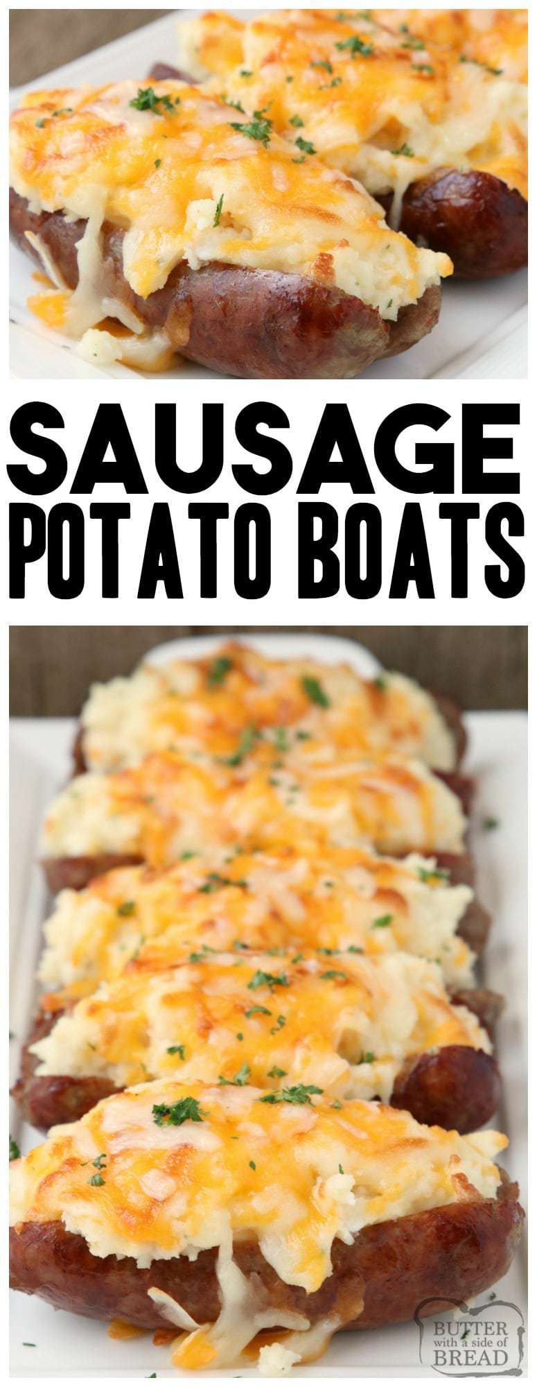 Sausage Potato Boats are an easy weeknight dinner made with juicy sausages topped with buttery mashed potatoes and lots of cheese! Simple & flavorful meal! #sausage #potato #dinner #meal from Butter With A Side of Bread