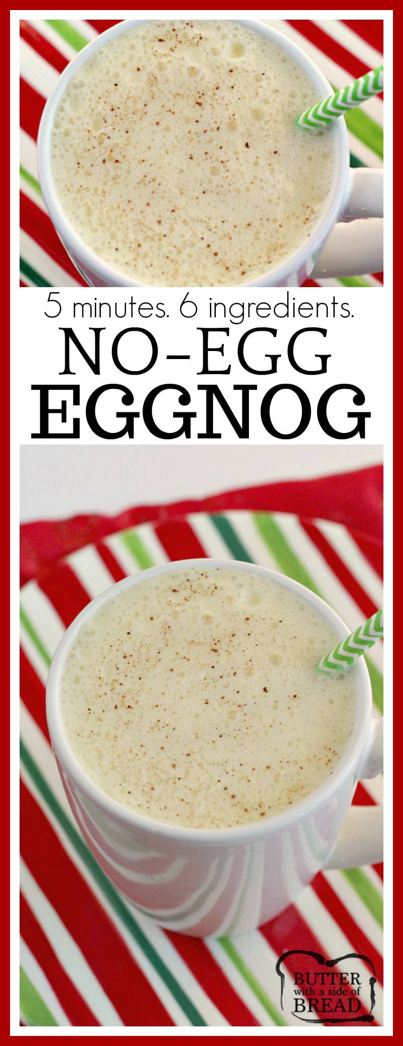Easy No-Egg Eggnog can be made quickly in a blender with French vanilla pudding, milk, whipped cream and a few other basic ingredients! Easy #eggnog #recipe for #Christmas #holidays from Butter With A Side of Bread #beverage #drink #mocktail