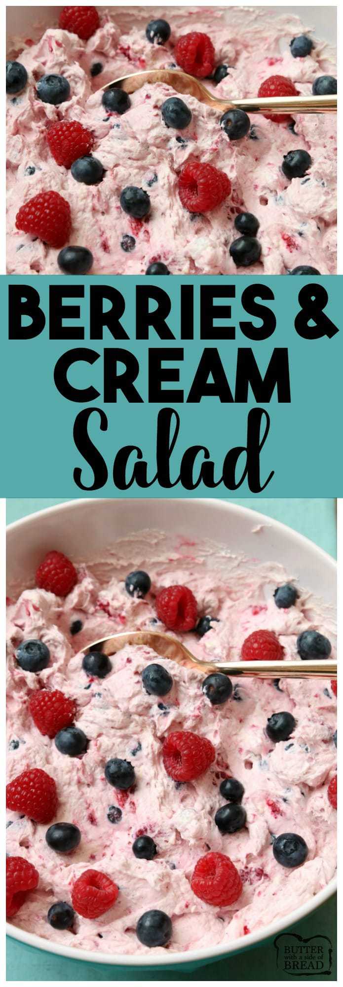 Berries and Cream Salad made using just 4 ingredients! Raspberries & Blueberries combine with Greek Yogurt, pudding mix and whipped topping to create a lovely creamy berry salad.