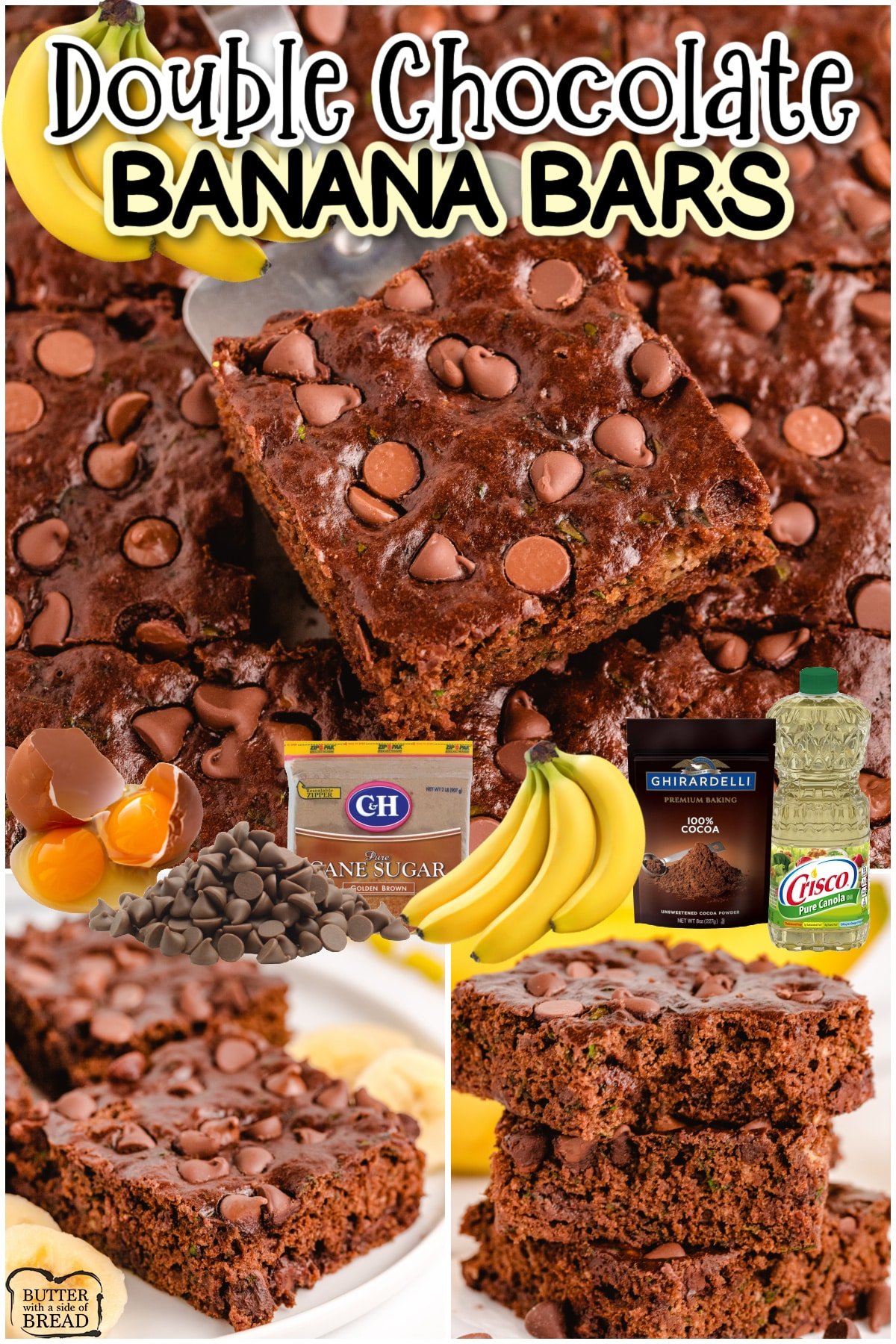 Double Chocolate Banana Bars are made with 5 ripe bananas & are so delicious! This chocolate banana bread recipe is perfectly sweet & great for breakfast, snack or even dessert!