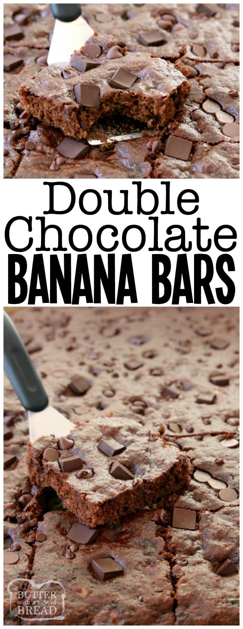 Double Chocolate Banana Bars made with 5 bananas & double the chocolate for a tasty banana recipe that everyone enjoys. Not too sweet & perfect anytime! Double #Chocolate #Banana Bars #snack #dessert #recipe #skinny Butter With A Side of Bread