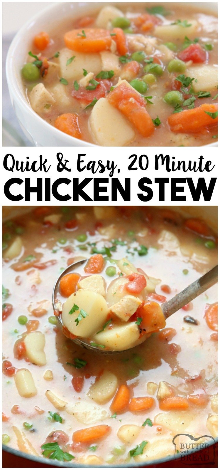 20-Minute Chicken Stew recipe, perfect for busy nights! Hearty stew with tender chicken & vegetables that comes together fast and tastes wonderful. #chicken #stew #recipe #dinner #chickenstew #chickenrecipe #chickendinner #food #comfortfood from BUTTER WITH A SIDE OF BREAD
