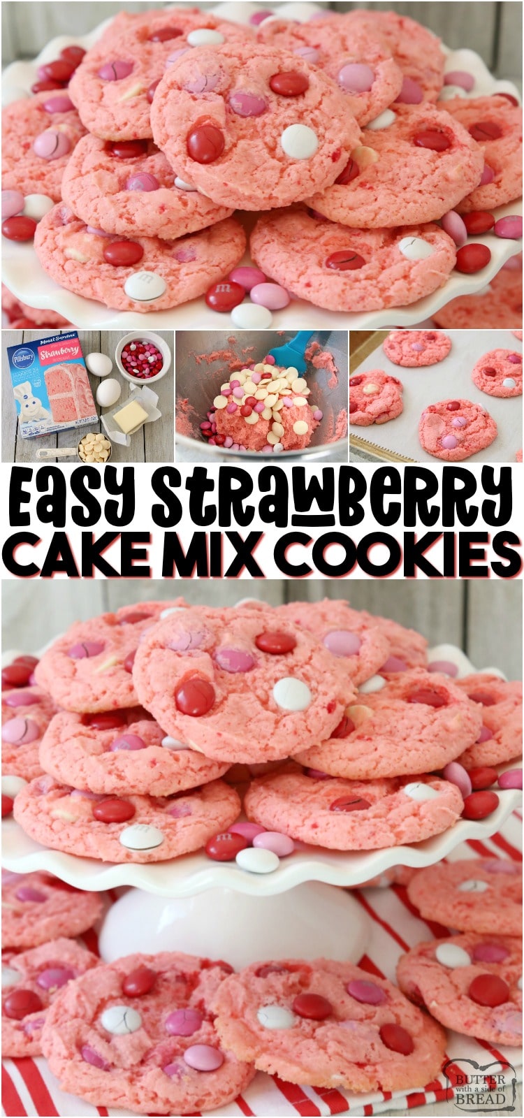 Strawberry Cake Mix Cookies are a soft & sweet cookie made with just 4 simple ingredients! It’s easy to make these flavorful and festive cake mix cookies. #cookies #Valentines #cakemix #softcookies #candy #dessert #baking #recipe from BUTTER WITH A SIDE OF BREAD