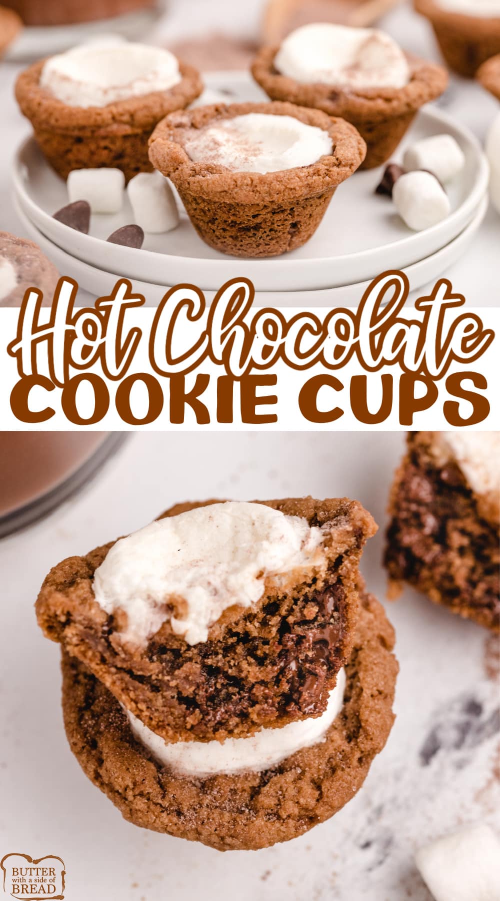 Hot Chocolate Marshmallow Cookie Cups are easily made with hot chocolate mix, marshmallows and a few other basic ingredients. The perfect bite sized winter cookie recipe!