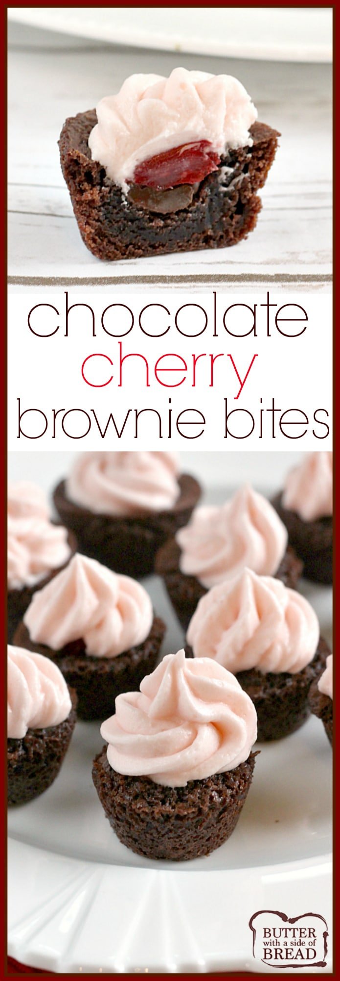 Chocolate Cherry Brownie Bites are mini brownies filled with chocolate chips, maraschino cherries and then topped with a cherry flavored cream cheese frosting!