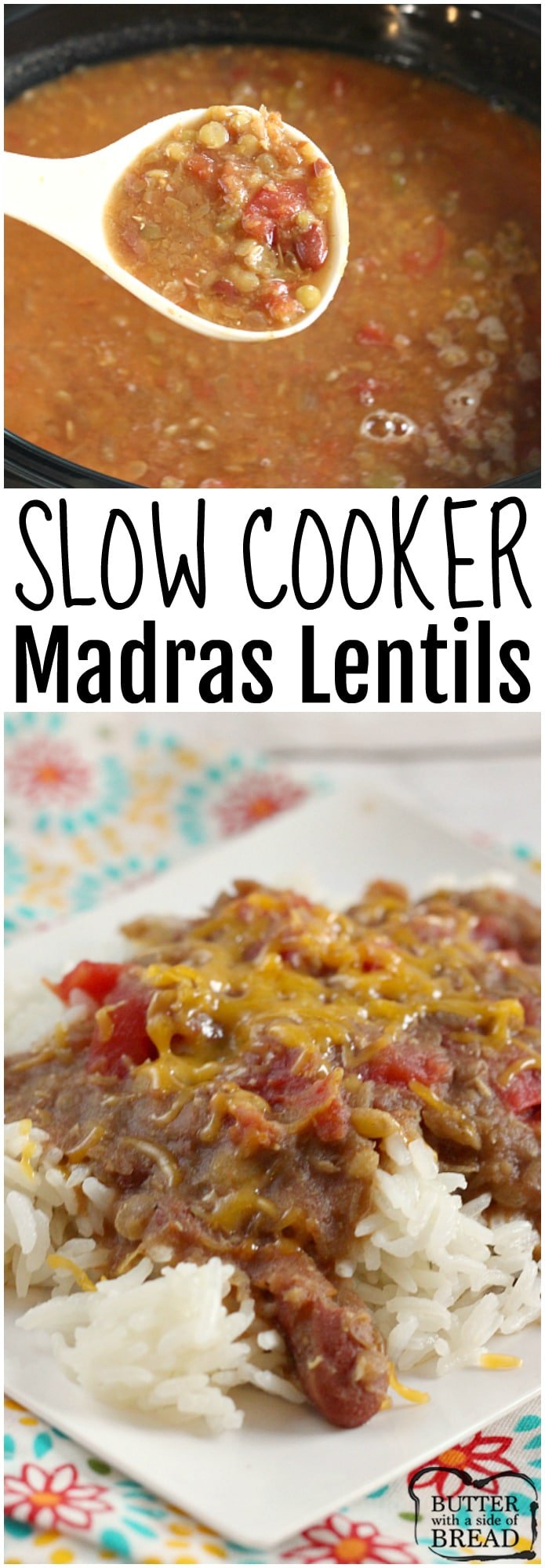 Slow Cooker Madras Lentils are full of red beans, lentils, tomatoes and can be served over rice for a delicious, healthy, vegetarian dinner the whole family will enjoy!