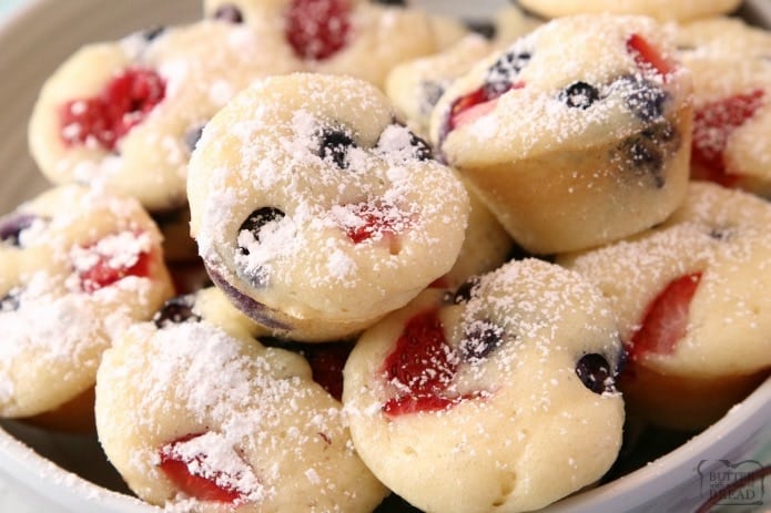Berry Protein Pancake Bites made easy by baking protein pancake batter in the oven with fresh blueberries, raspberries and strawberries. Dust with powdered sugar or drizzle with syrup for a delicious, satisfying breakfast.