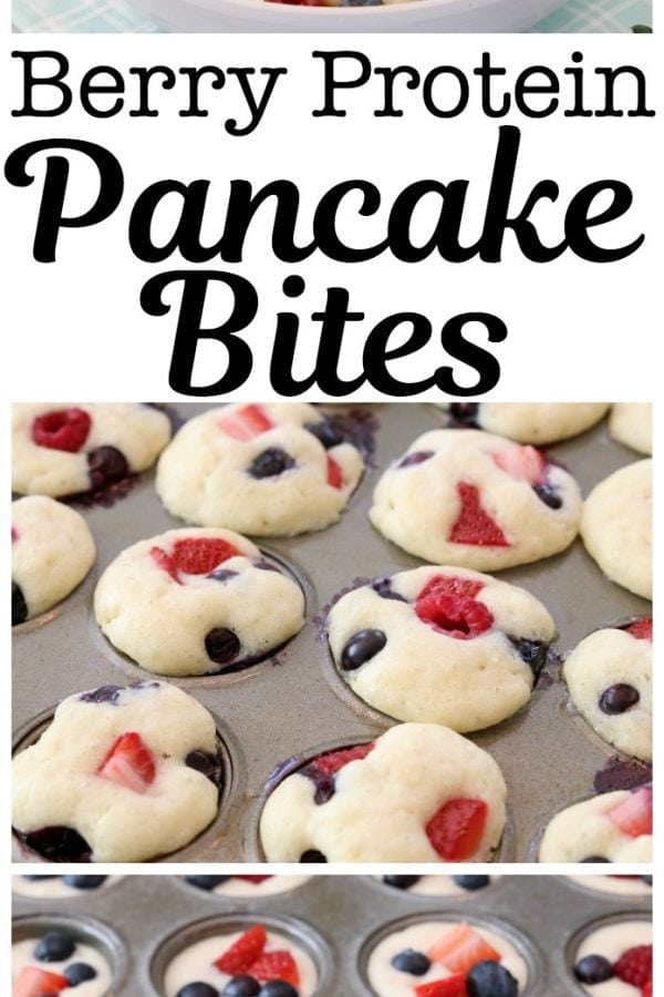 Berry Protein Pancake Bites made easy by baking protein pancake batter in the oven with fresh blueberries, raspberries and strawberries. Dust with powdered sugar or drizzle with syrup for a delicious, satisfying breakfast.