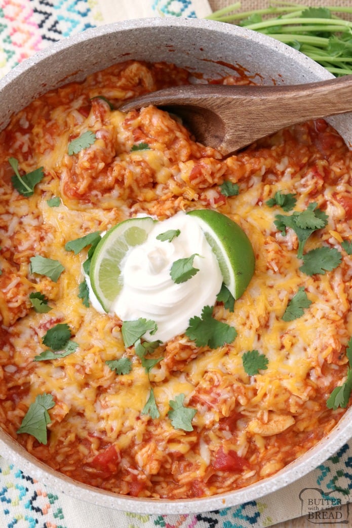 Cheesy Chicken & Spanish Rice is a quick & easy weeknight meal! Great flavor in this comforting One-Pot Spanish Rice recipe with added chicken and cheese. Can be made on the stove or in an Instant Pot! Spanish Rice recipe from Butter With A Side of Bread