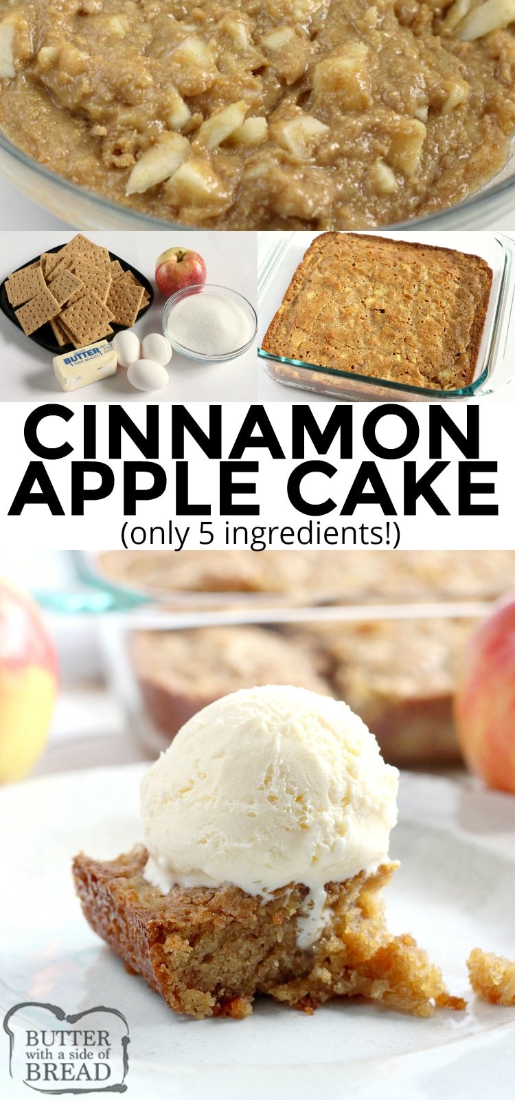 Easy Cinnamon Apple Cake is made with graham cracker crumbs, apples and just three other basic ingredients! This apple cake recipe is so moist and delicious that no one will believe how easy it is to make!
