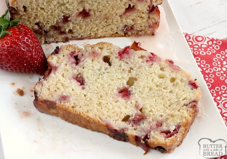 Glazed Strawberry Bread is an easy quick bread that is moist, sweet, full of fresh strawberries, and then topped with a simple strawberry glaze. This easy bread recipe is simple to make and absolutely delicious!