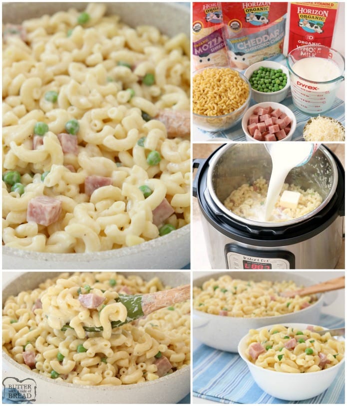 Macaroni and Cheese with Ham and Peas is a great weeknight family dinner! Creamy Homemade Macaroni and Cheese with two types of cheese made on the stove or in the Instant Pot. We added ham and peas to round out the meal!