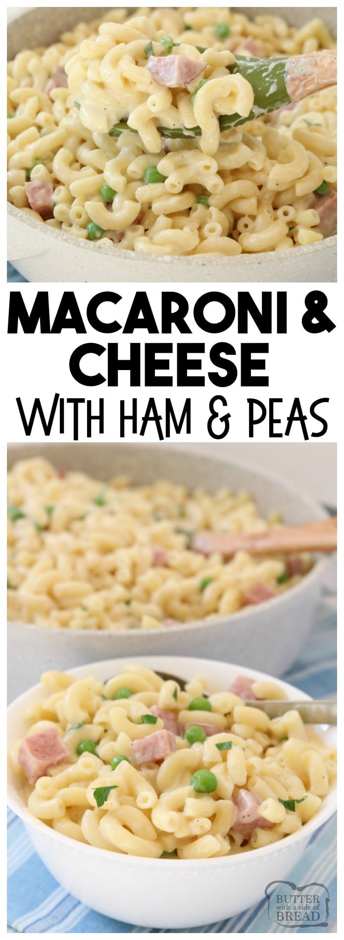 Macaroni and Cheese with Ham and Peas is a great weeknight family dinner! Creamy Homemade Macaroni and Cheese with two types of cheese made on the stove or in the Instant Pot. We added ham and peas to round out the meal! Homemade Macaroni & Cheese recipe from Butter With A Side of Bread