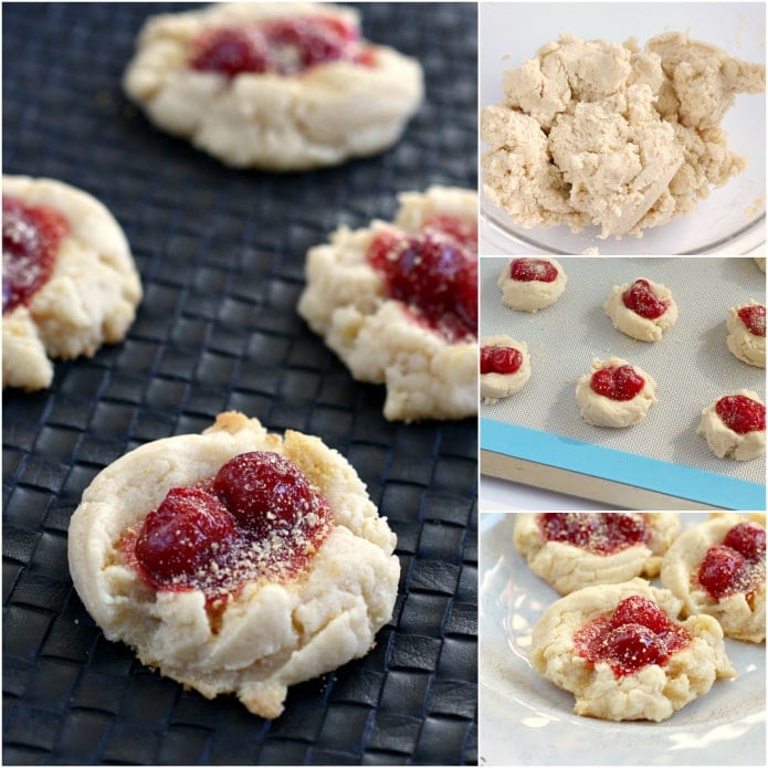 Cherry Cheesecake Cookies have cream cheese and cheesecake pudding in them, are topped with a little bit of cherry pie filling and then sprinkled with graham cracker crumbs!