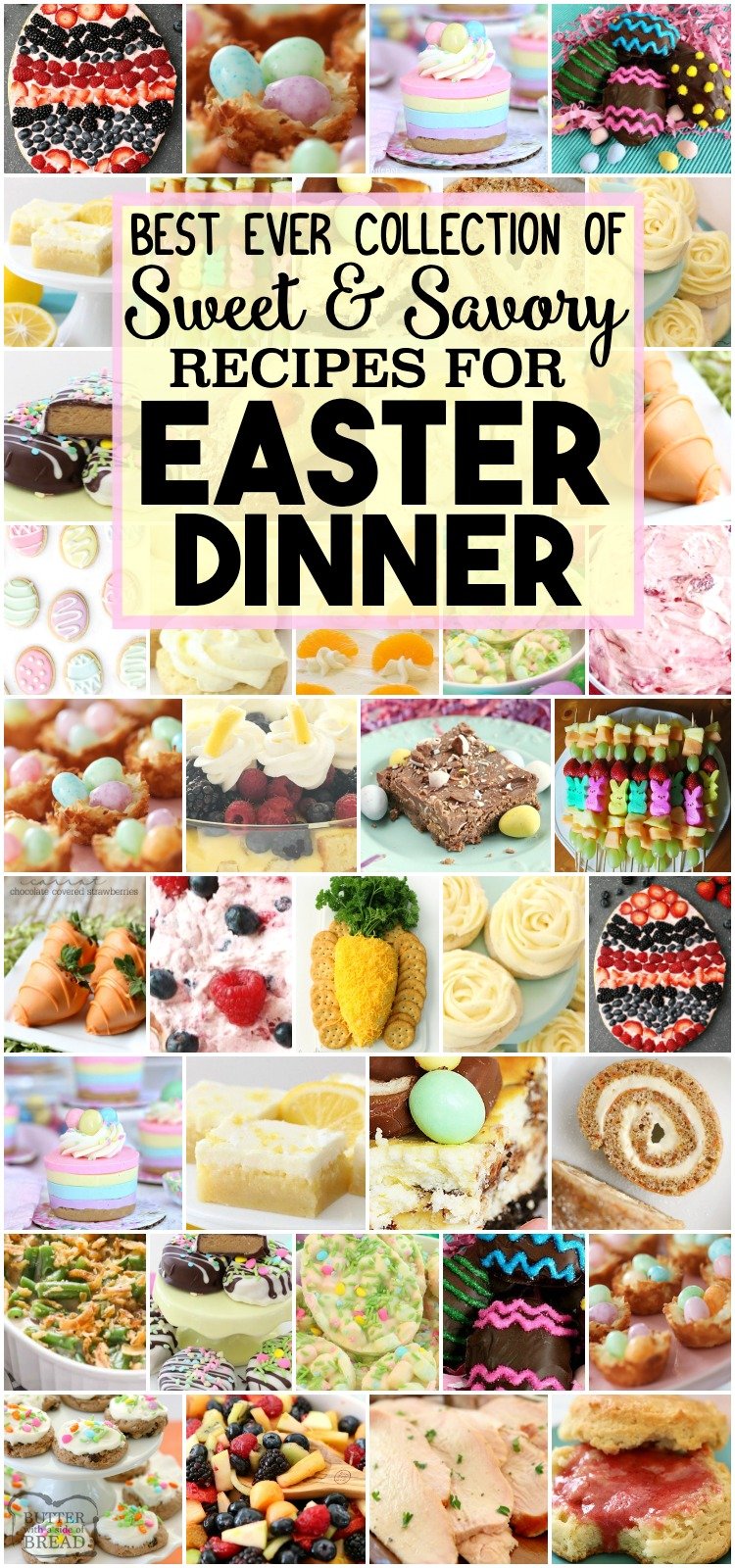 Best Easter Dinner Recipes: tried and true easy Easter Dinner Recipes with everything from slow cooker ham to Orange Cream Fruit Salad, Banana Cream Pie Cookies, Pecan Grape Salad and more. All the Easter dinner recipes you need for a delicious, festive holiday are here. #Easter #dinner #recipes #Spring #ham #fruitsalad #recipes from BUTTER WITH A SIDE OF BREAD