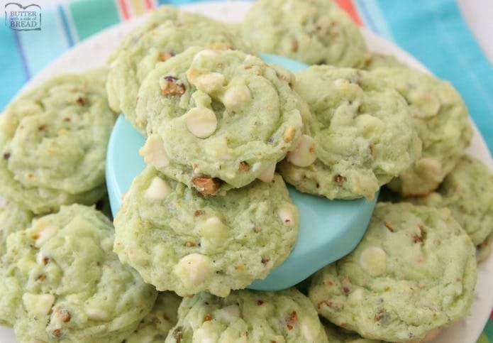 Chewy Pistachio Cookies are made by adding pistachio pudding mix to a buttery, homemade cookie dough and then adding white chocolate chips and plenty of chopped pistachios! Soft, sweet pistachio flavored cookies with amazing flavor and texture.