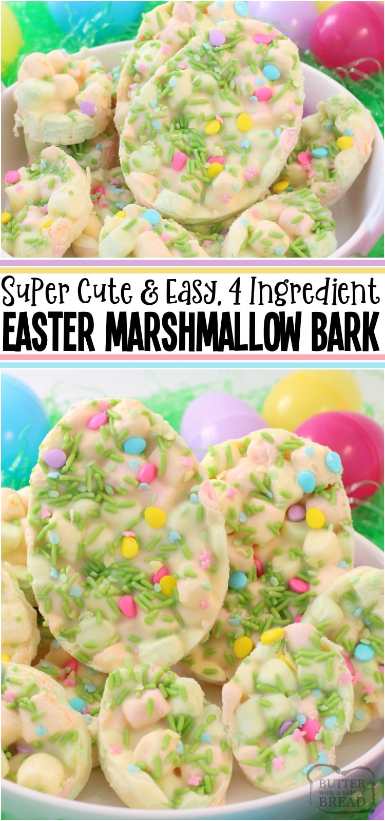 Easter Marshmallow Bark is one of my favorite Easter desserts! Just 4 ingredients and a few minutes to make this cute and festive Easter treat. Everyone enjoys our Easter Marshmallow Bark! #Easter #Dessert #whitechocolate #marshmallows #pastel #candy #recipe from BUTTER WITH A SIDE OF BREAD