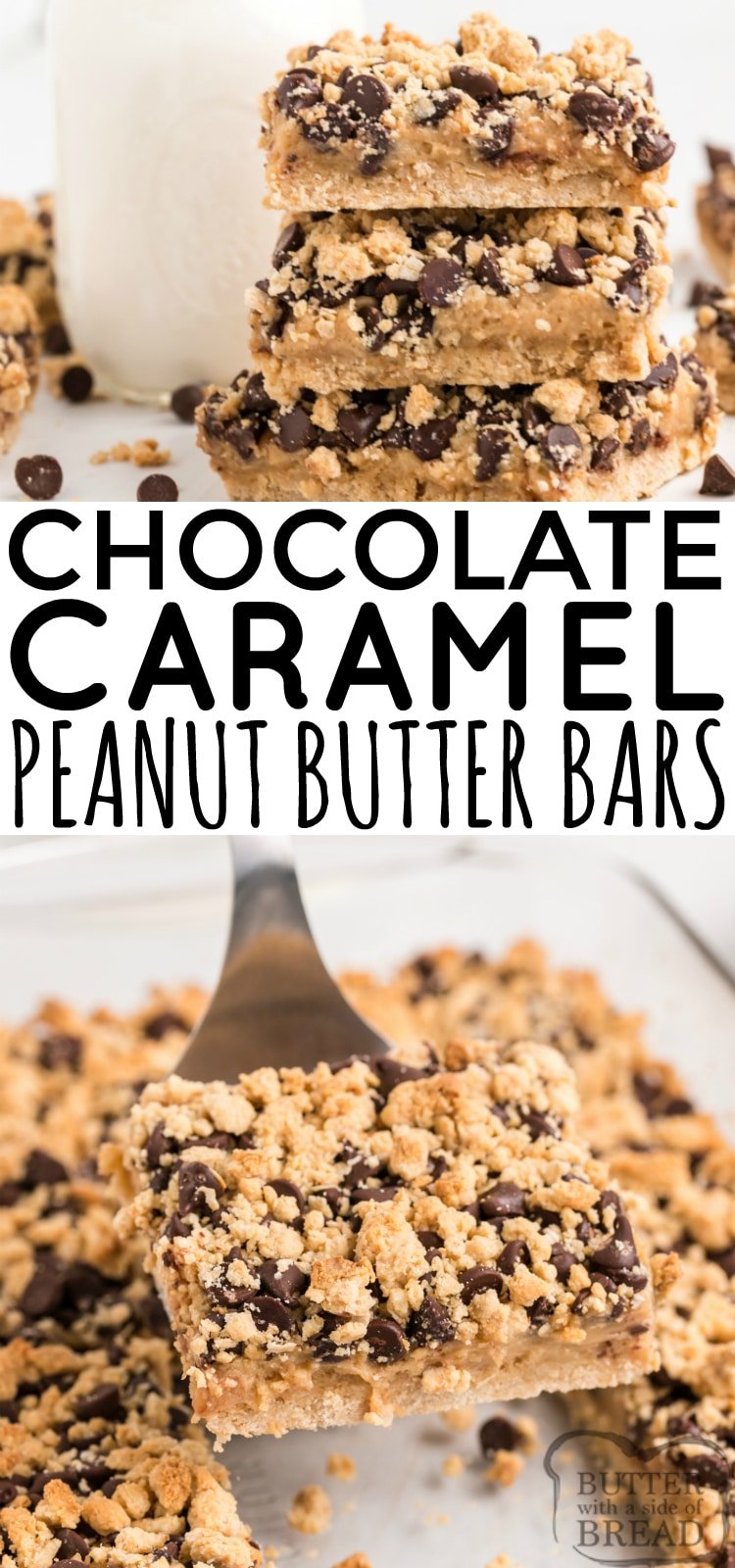 Chocolate Caramel Peanut Butter Bars begin with a cake mix and end with peanut butter, caramel topping, cream cheese, and chocolate! This amazing dessert bar recipe combine all of your favorite flavors in one delectable treat!