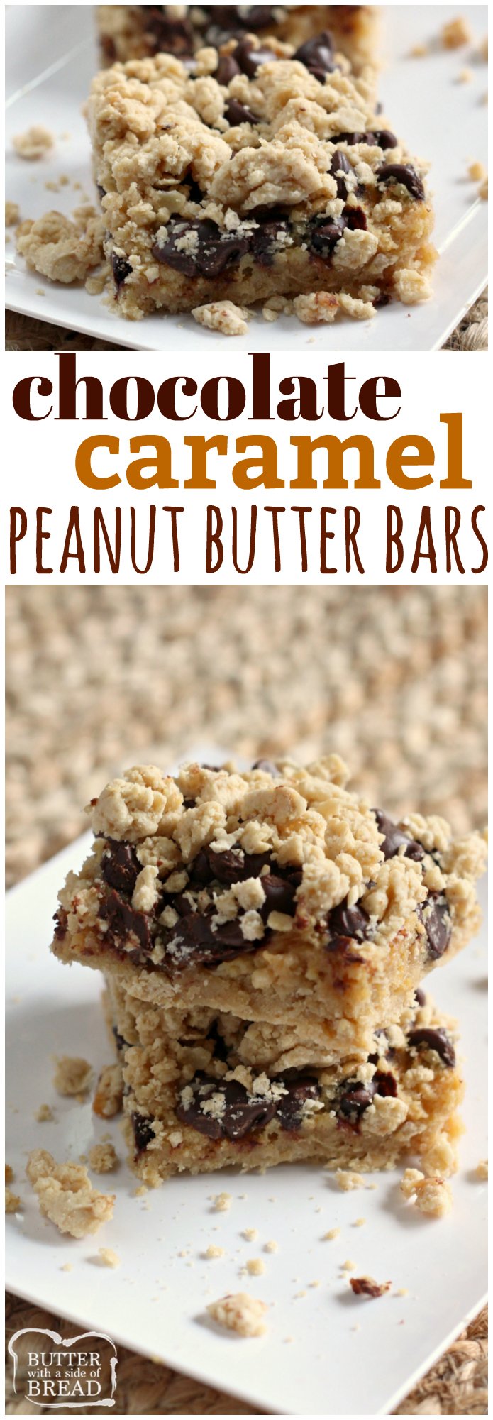 Chocolate Caramel Peanut Butter Bars begin with a cake mix and end with peanut butter, caramel topping, cream cheese, and chocolate! These amazing dessert bars combine all of your favorite flavors in one delectable treat!