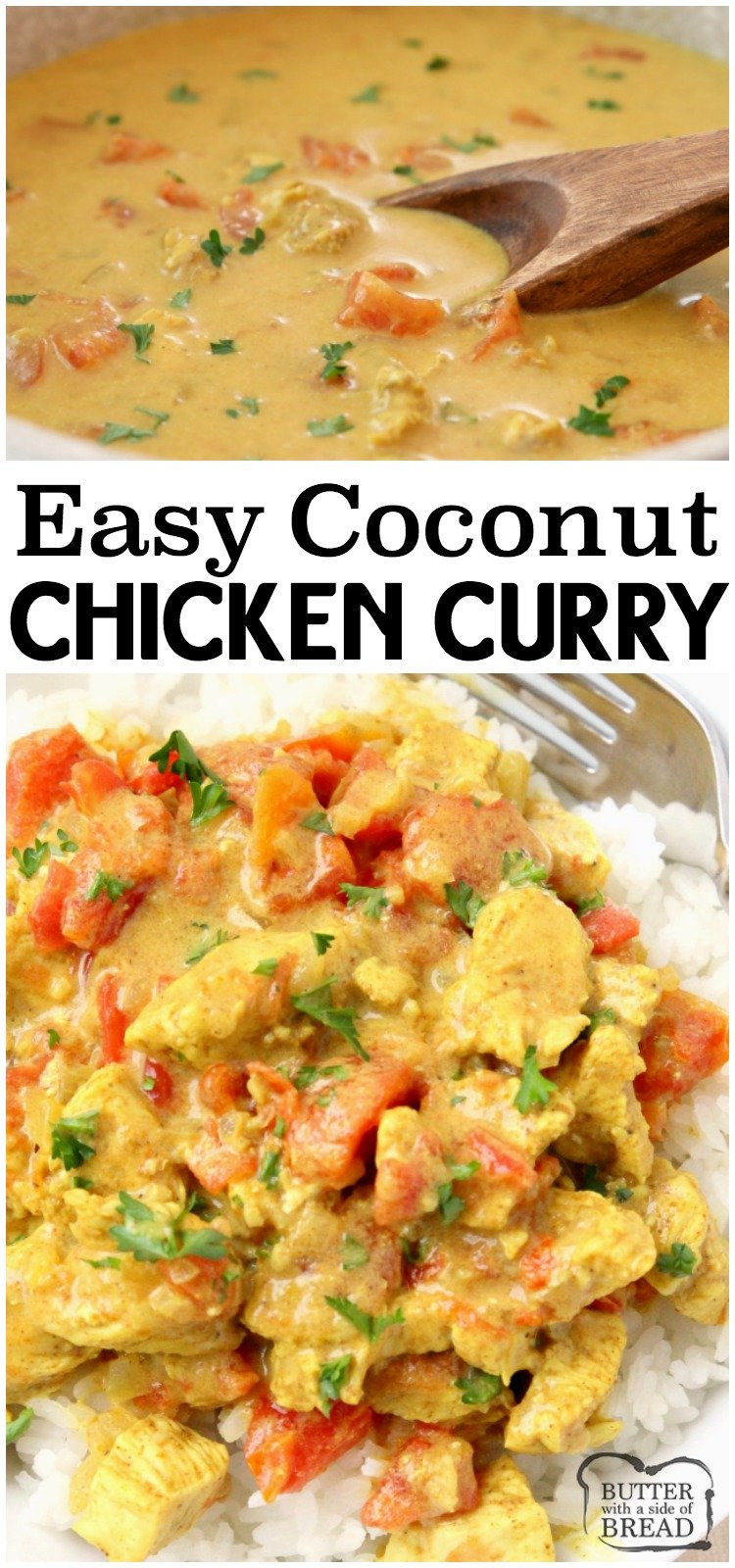 Coconut Chicken Curry recipe perfect for a busy weeknight meal! Simple, flavorful and healthy 20-minute chicken dinner for anyone who loves a mild chicken curry. Our Coconut Curry Chicken recipe uses diced chicken, tomatoes, coconut milk and just enough curry to add flavor, but not make it too spicy. It's the perfect chicken curry recipe for families!
